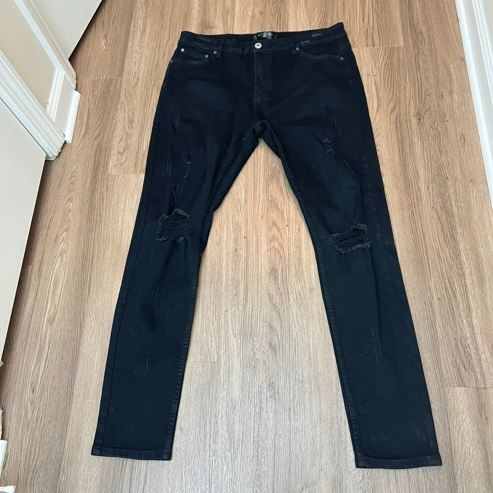 Serenede Mens Slim Fit Jeans 38 Black Distressed Ripped Stretch Denim Fitted